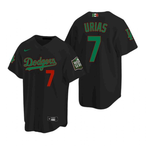 Men's Los Angeles Dodgers Black #7 Julio Urias Black Green 2020 World Series Stitched MLB Jersey